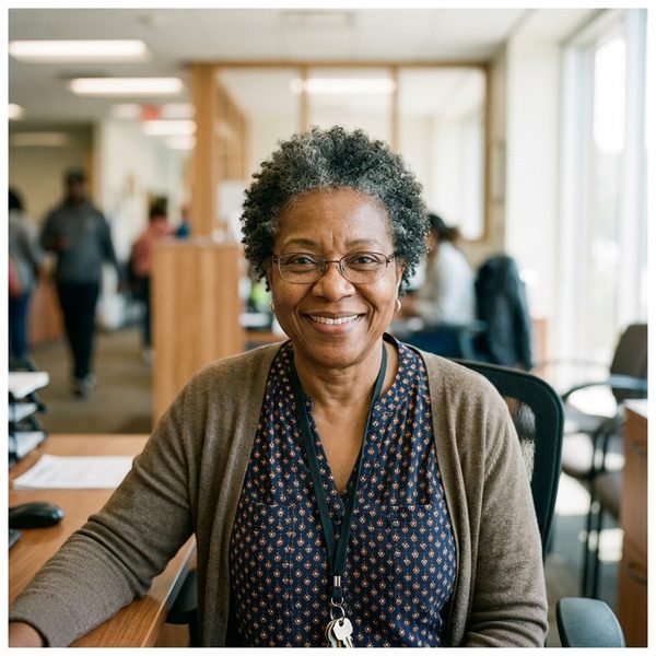 Public service caseworker supporting residents at a community services desk