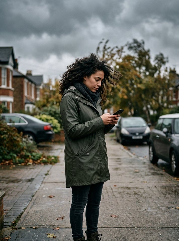 Young woman reading her phone on a sidewalk under a storm sky