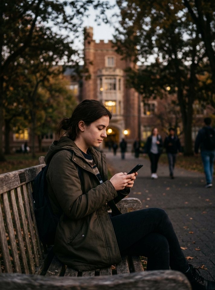 Student on a campus bench at dusk, holding her phone